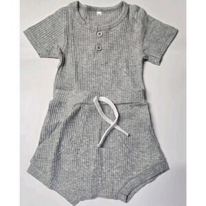2Pcs Unisex Outfits Suit Solid Color Ribbed Short‎ Sleeves Waist 6-12M